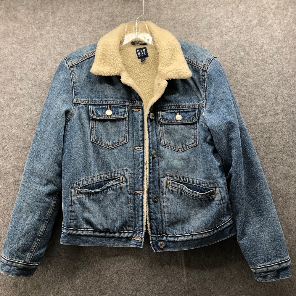 Gap‎ Denim Sherpa Trucker Jacket Womens XS Blue Vintage Wash Denim 90s Grunge